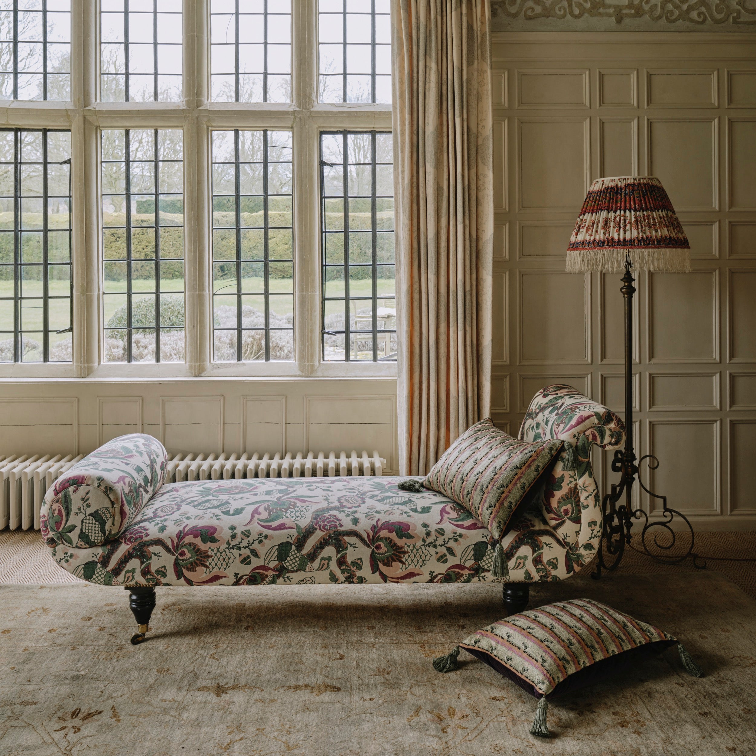 An Early Victorian Chatsworth Chaise Longue in Flora Soames Cornucopia Pair Available