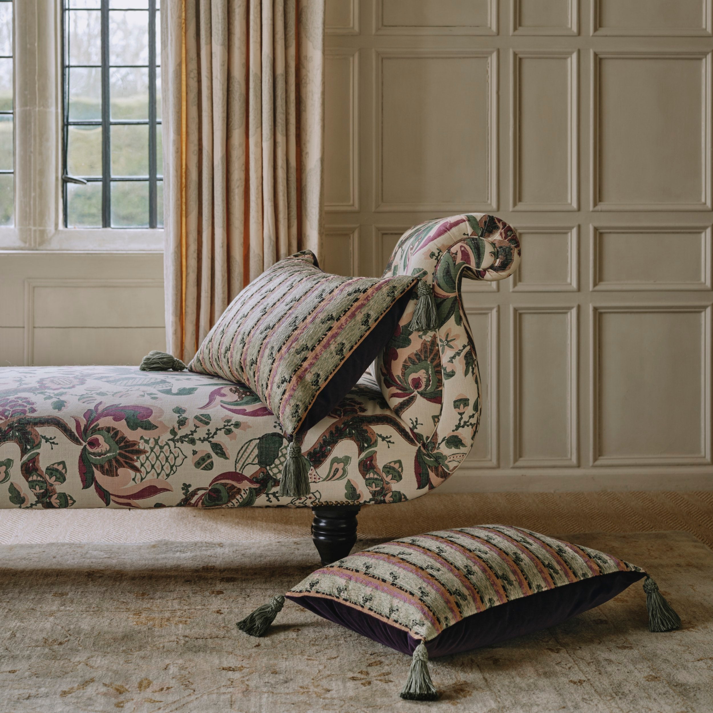 An Early Victorian Chatsworth Chaise Longue in Flora Soames Cornucopia Pair Available
