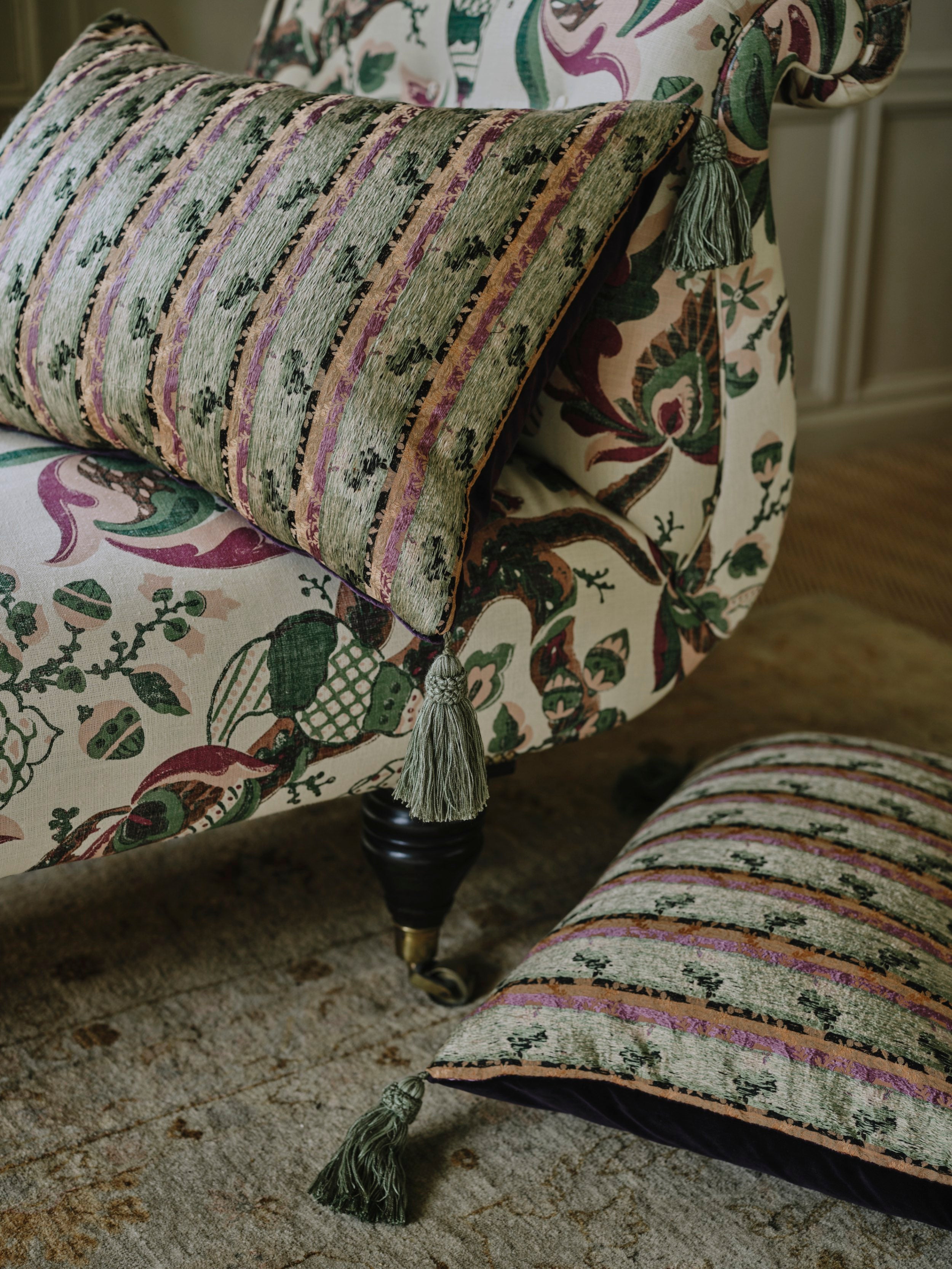 A Pair of Cushions made from a Panel of Silk and Cotton Brocade with Large Italian Silk Tassels