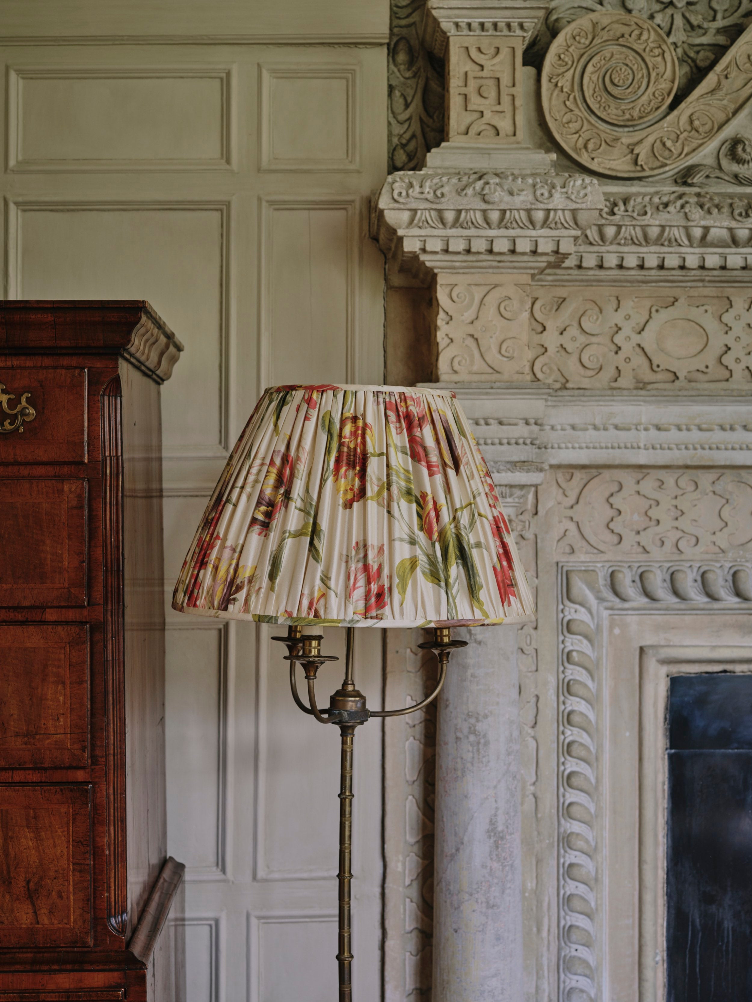A Pair of Large Gathered Lampshades in Painterly Tulip Printed English Silk