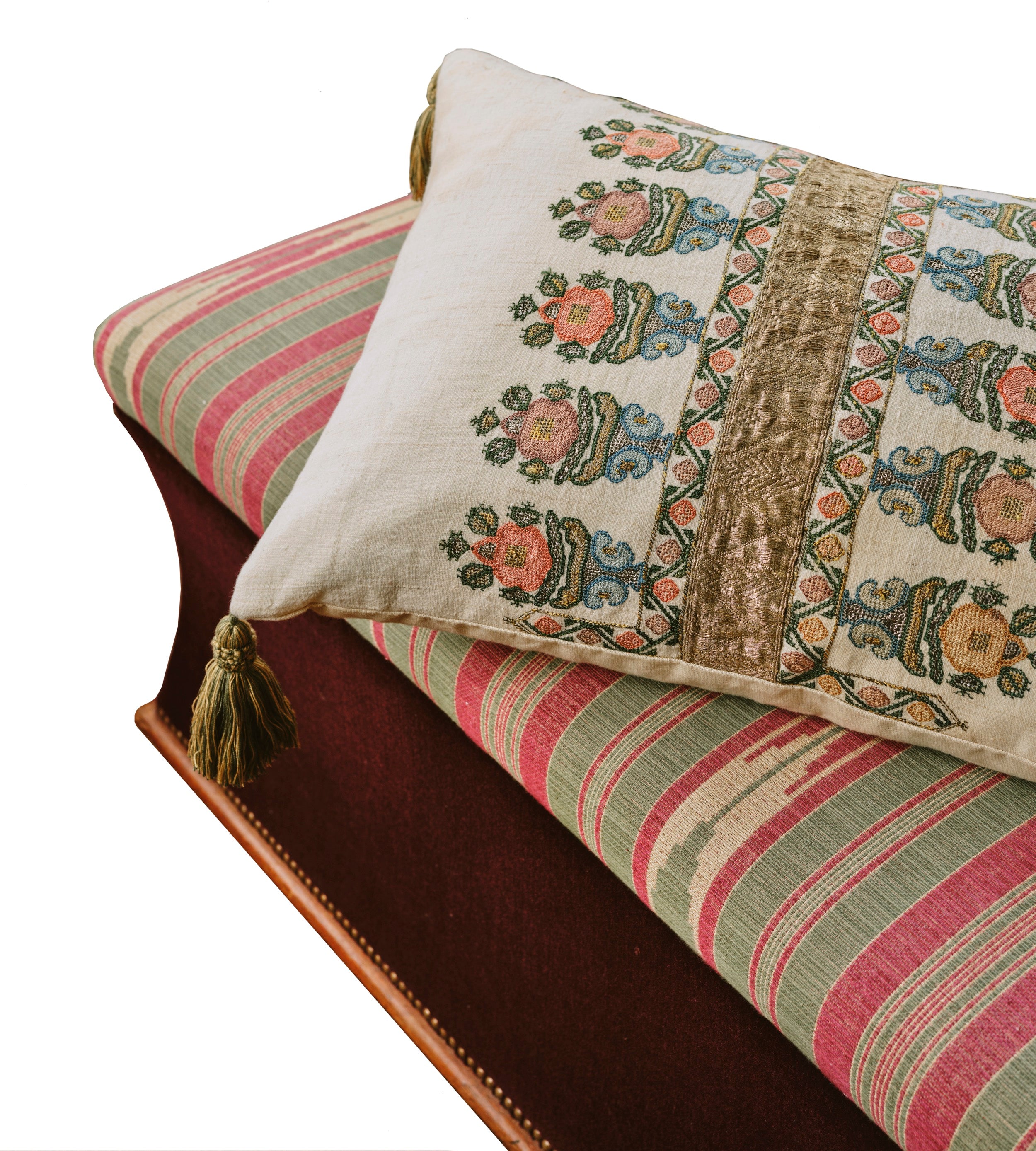 An English Late 19th Century Fluted Ottoman Upholstered in Flora Soames Oulton Stripe and a Claret Mohair Sides