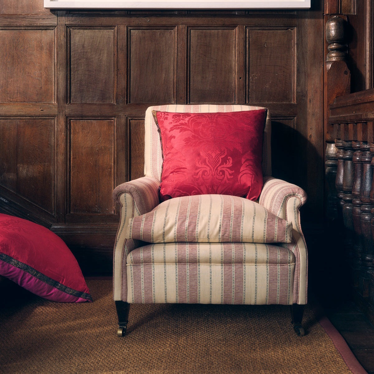 A 19th Century Armchair upholstered in Flora Soames Sifnos linen in Garnet