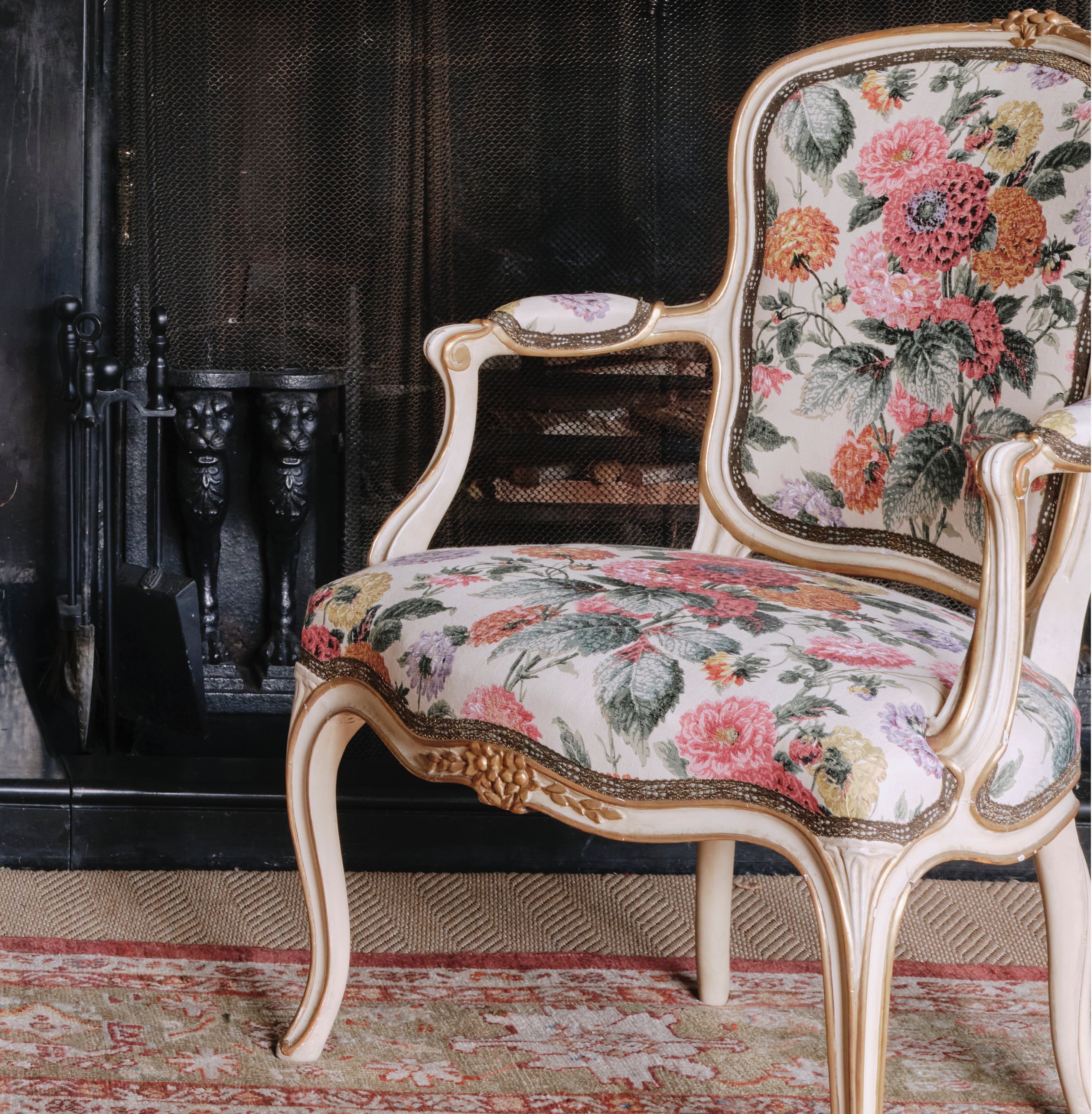 A 19th Century Parcel-Gilt Salon Chair in Flora Soames Dahlias with Antique Gold Decorated Braid