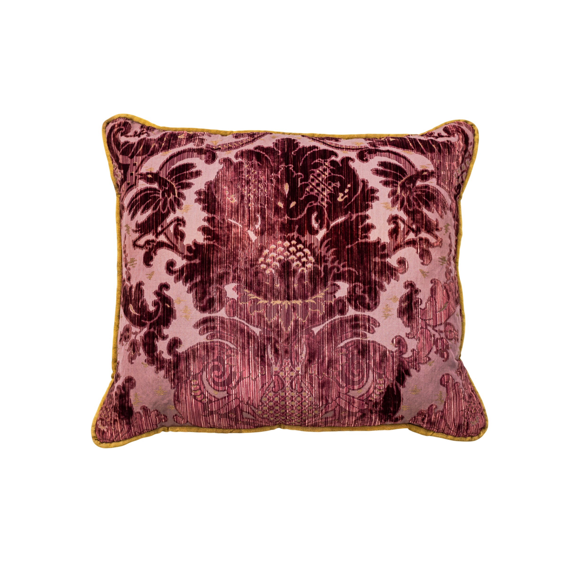 A Large Oblong Antique Deep Purple Damask Velvet Cushion with Old Gold Piping