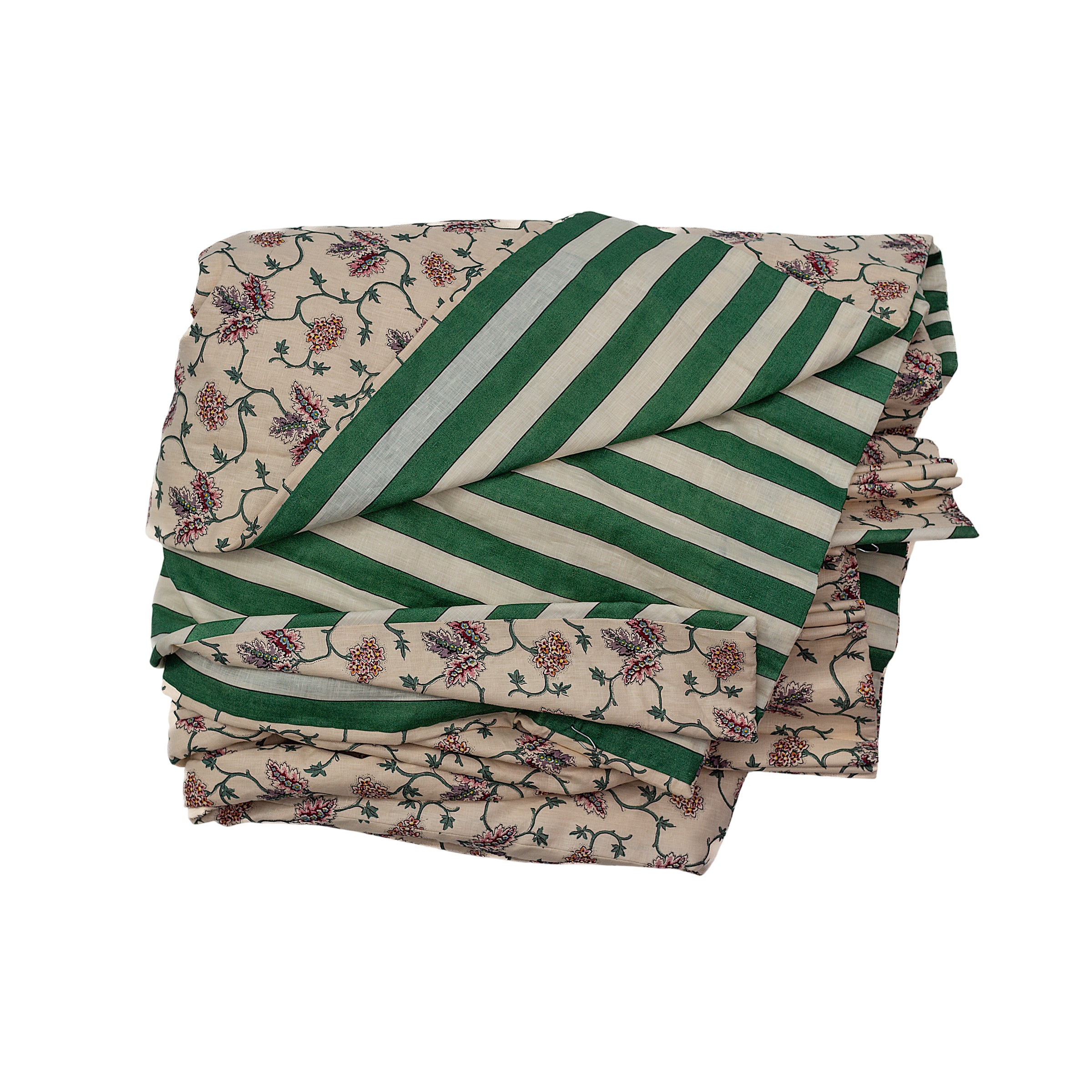 A single curtain in West House Trellis Warmer with Plain Stripe Emerald lining&nbsp;