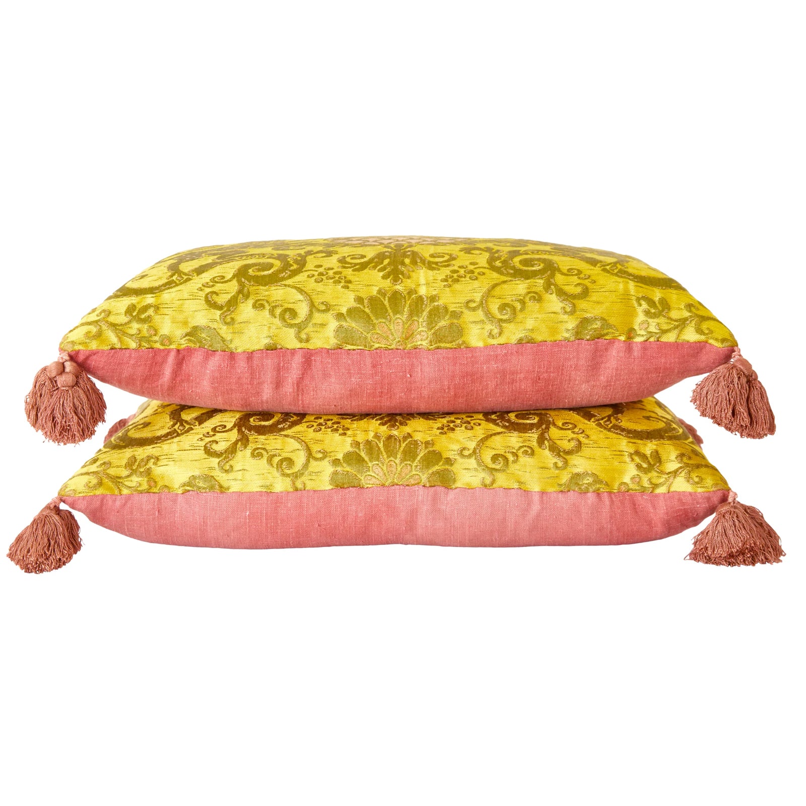 A Pair of Yellow Early 19th Century Italian Silk Brocade Cushions with Antique Rose Silk Tassels