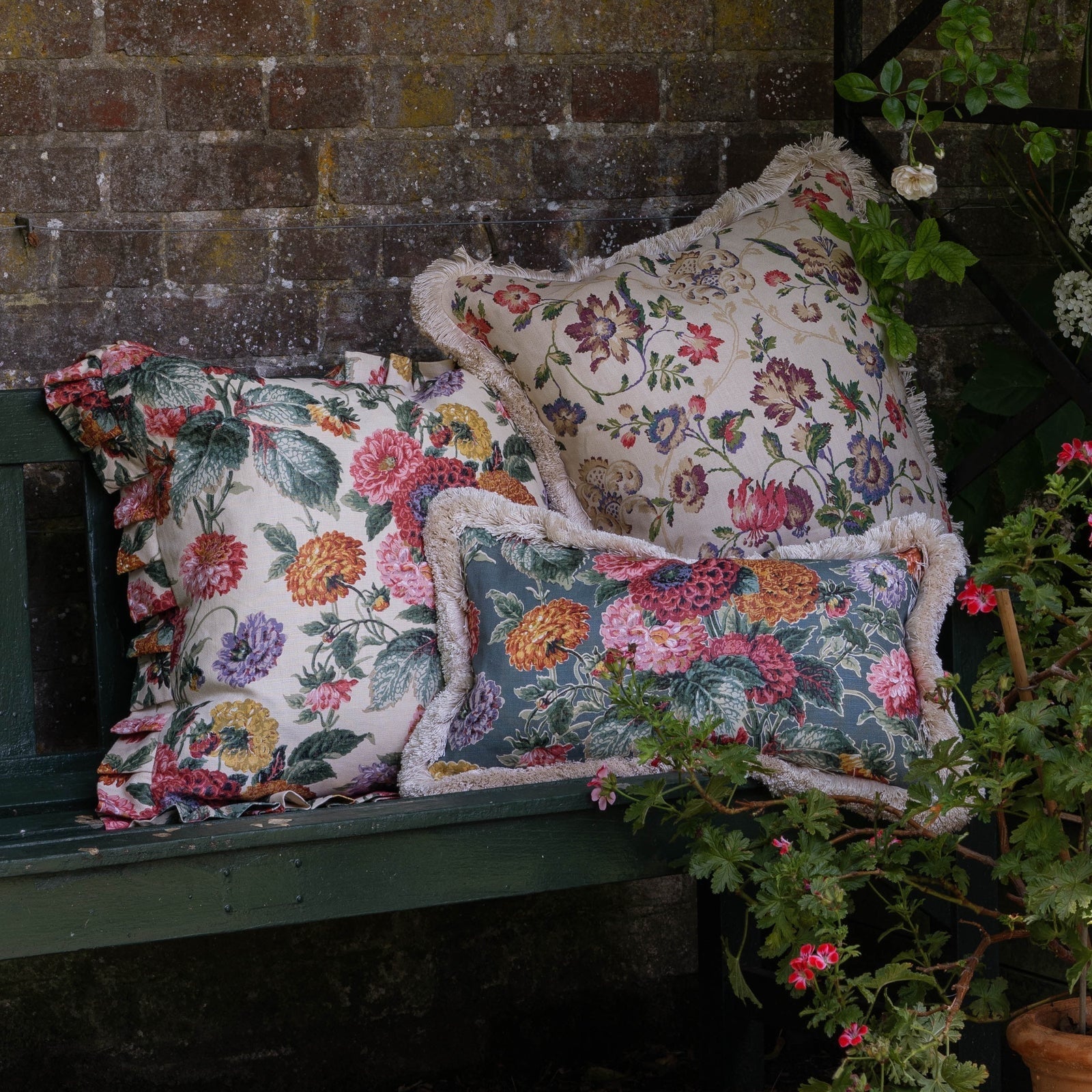 A Dahlias Jura Blue Cushion with a Pleated Frill